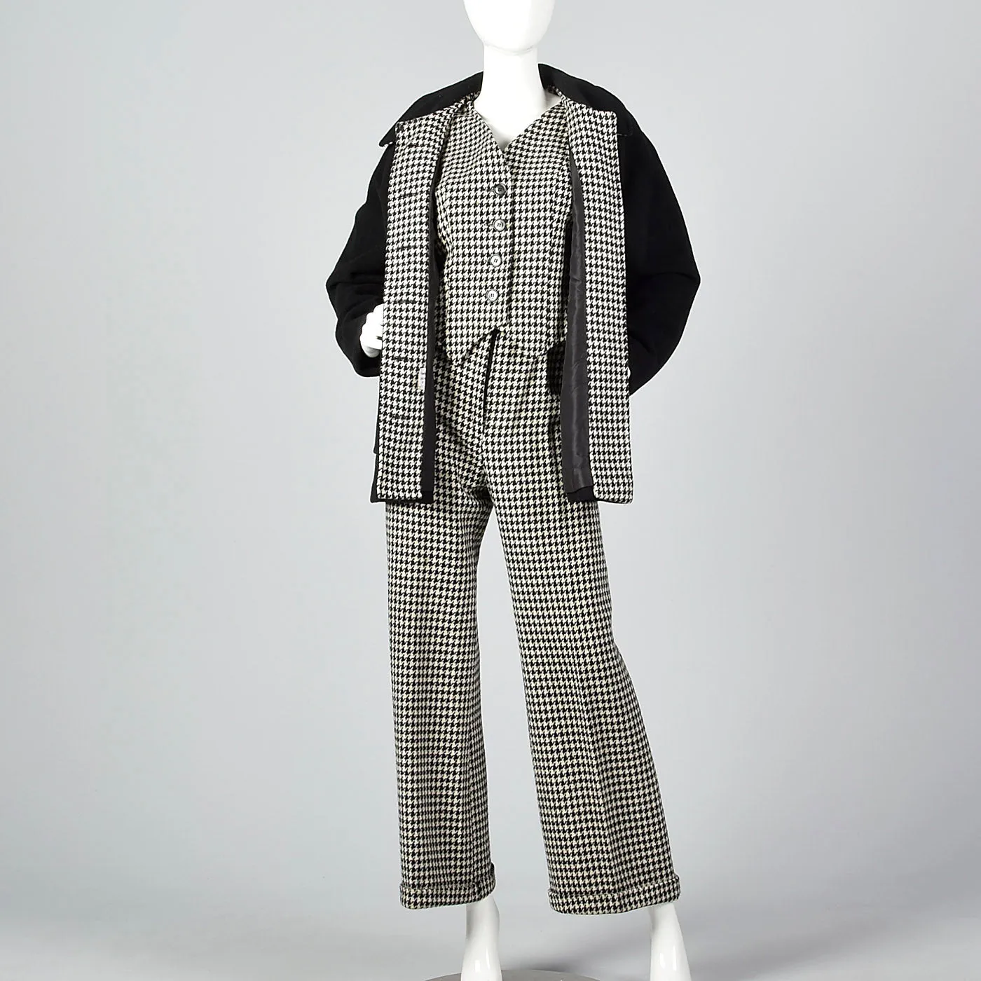 1970s Three Piece Suit Separates in Black & White Houndstooth Tweed