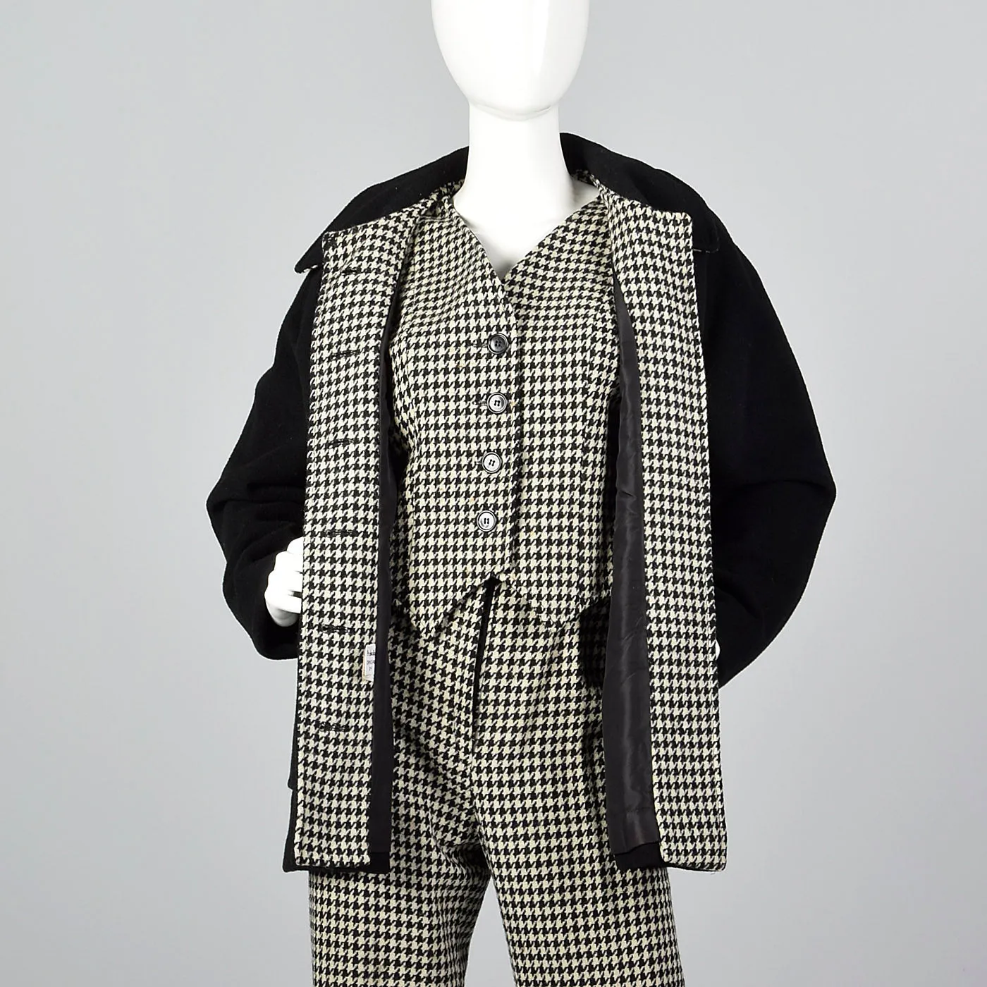 1970s Three Piece Suit Separates in Black & White Houndstooth Tweed