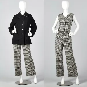 1970s Three Piece Suit Separates in Black & White Houndstooth Tweed