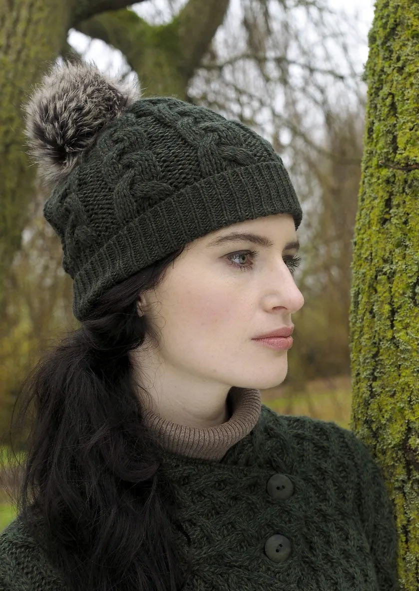 Aran Cable Knit Pom Pom Hat | Green