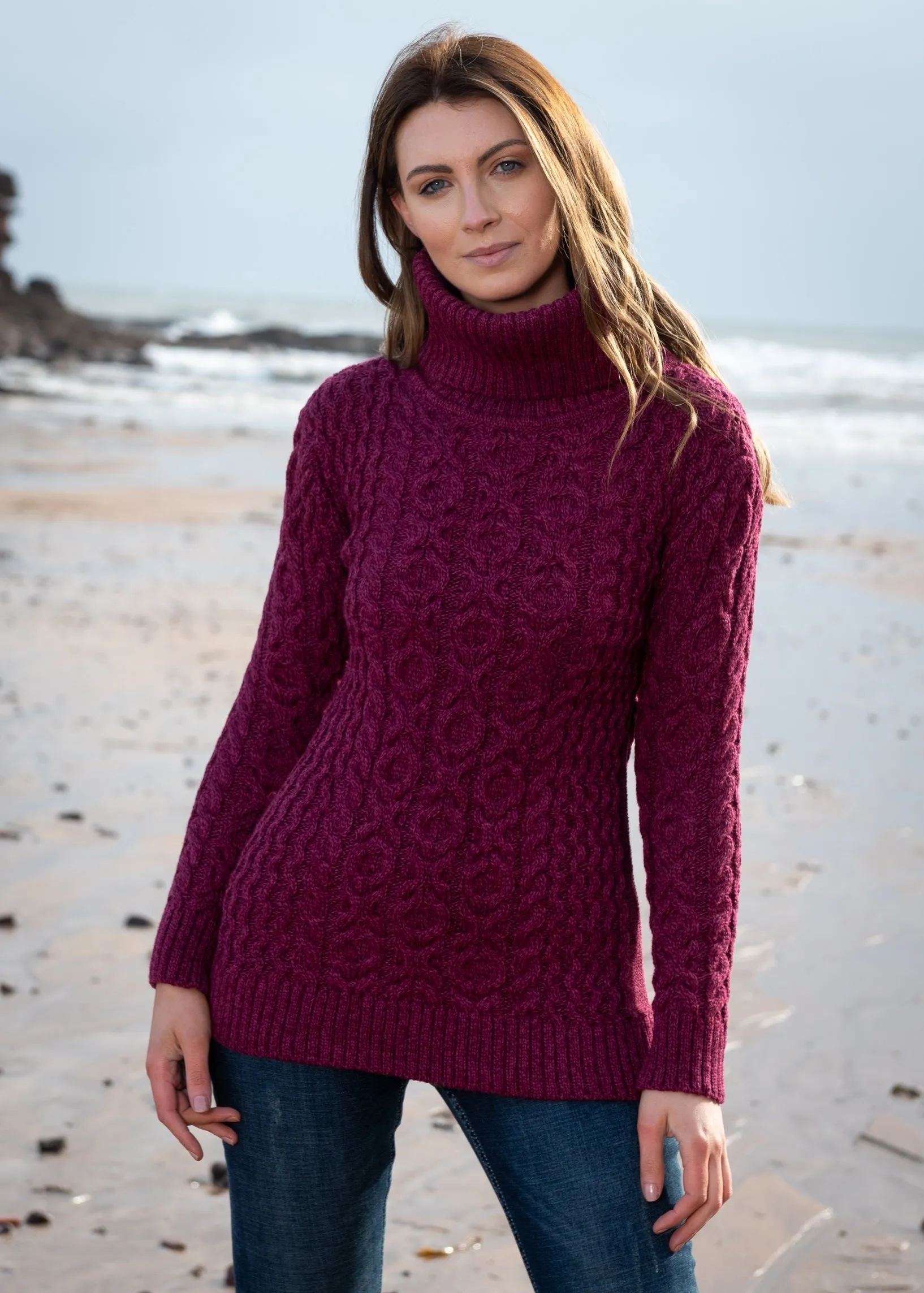 Aran Chunky Cowl Neck Sweater | Raspberry Marl