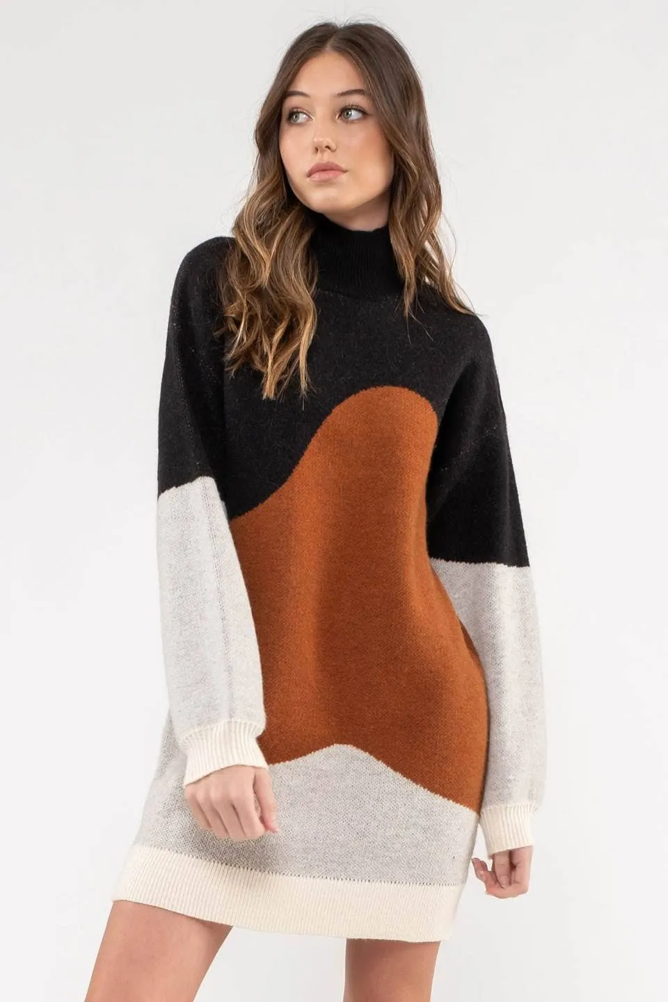 COLORBLOCK MOCK NECK KNIT SWEATER DRESS