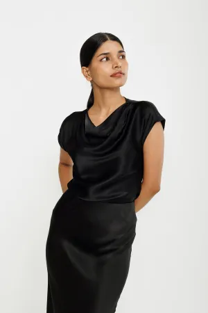 Cowl-neck Satin Blouse - Black