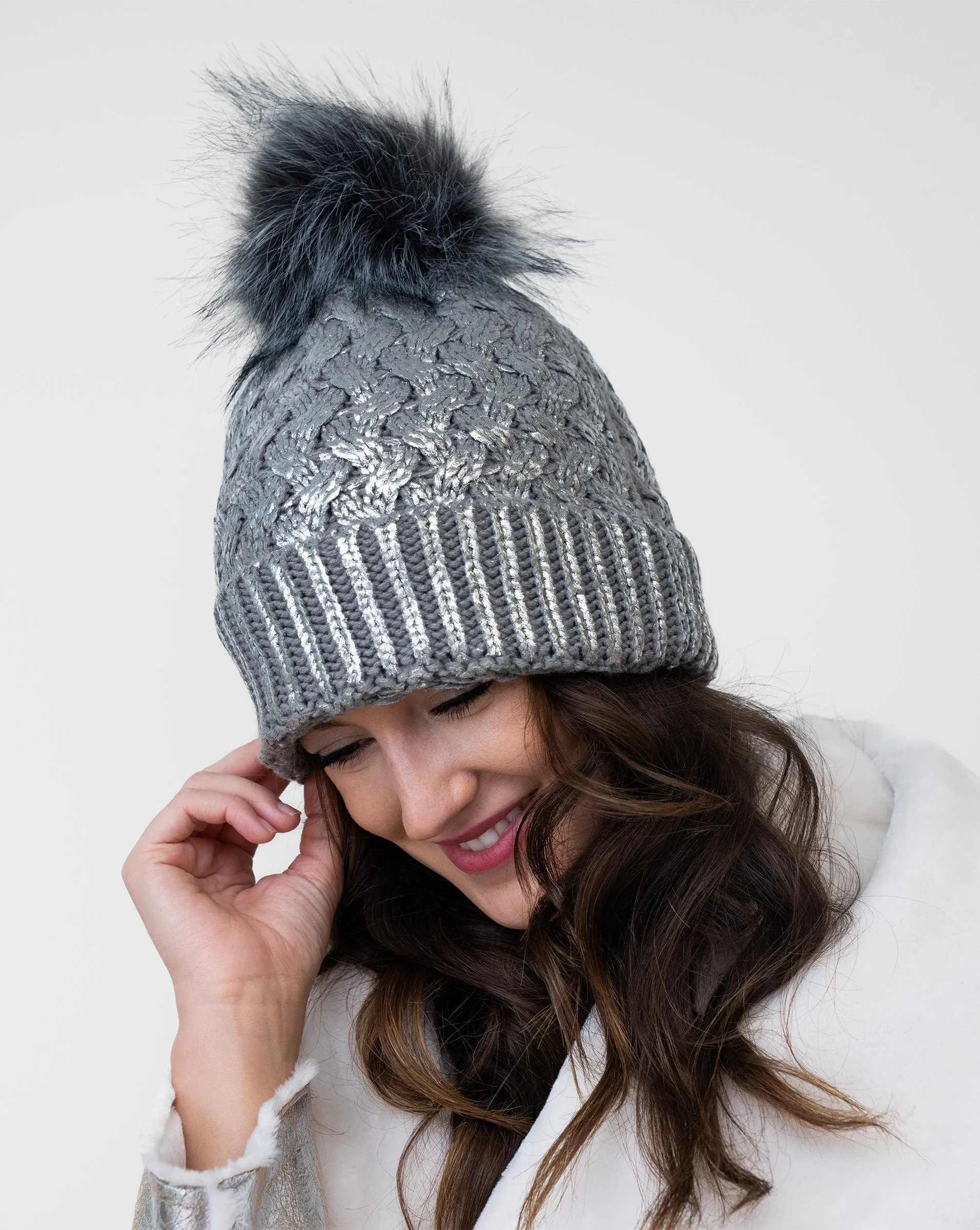 FINAL SALE - Metallic Cable Stitch Faux Fur Pom-Pom Hat