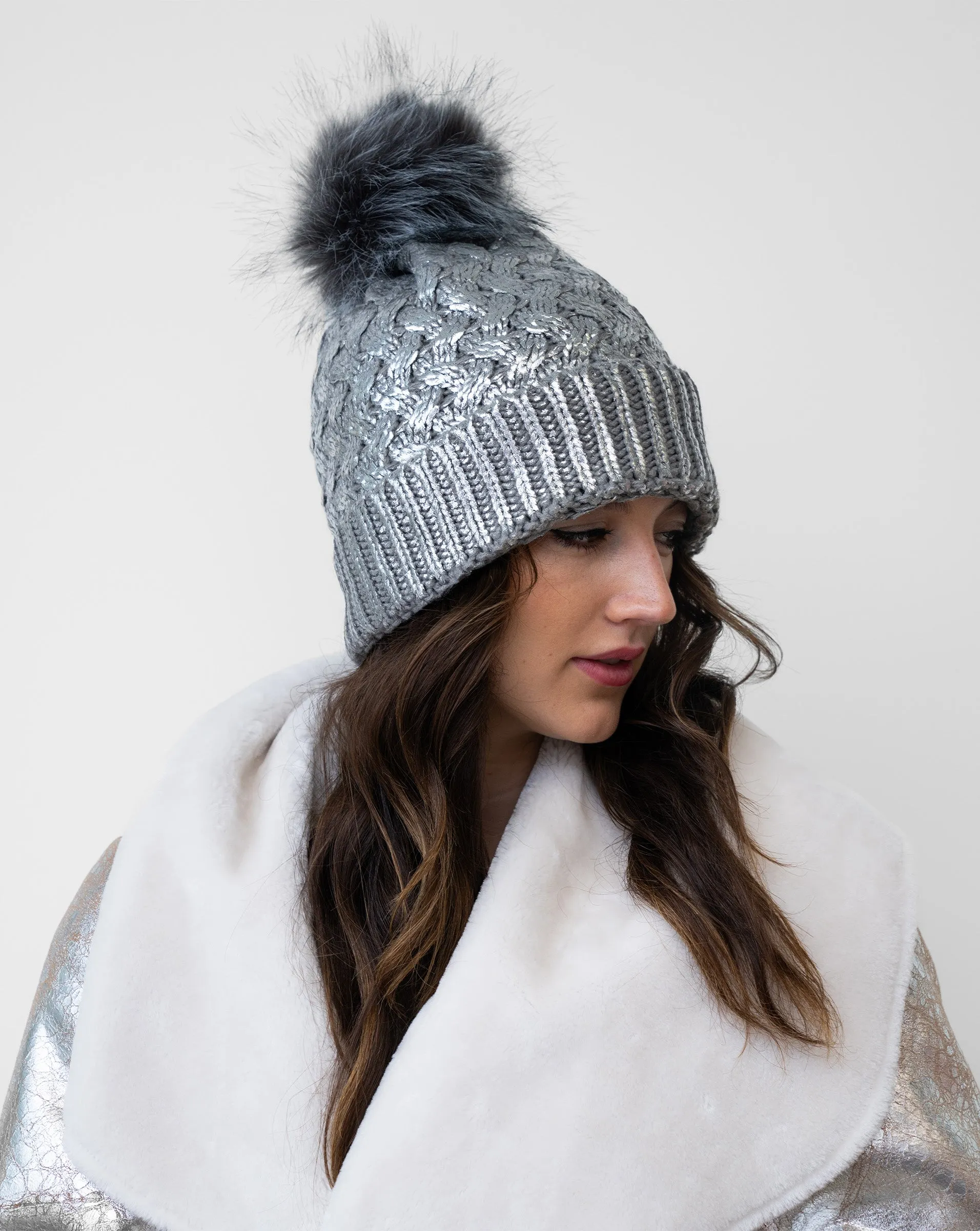 FINAL SALE - Metallic Cable Stitch Faux Fur Pom-Pom Hat