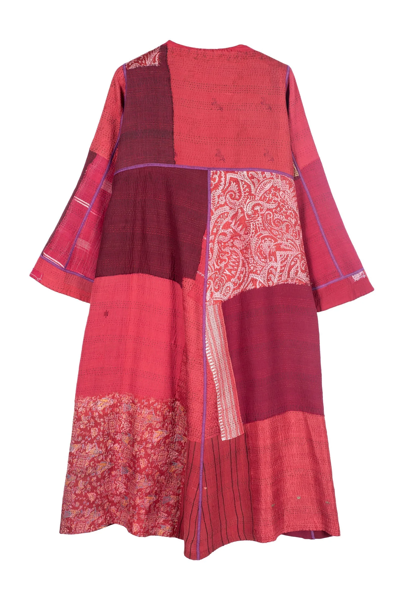 FRAYED PATCH WITH BROCADE KANTHA WRAP FLARE COAT - fb2330-red -