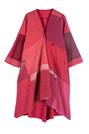 FRAYED PATCH WITH BROCADE KANTHA WRAP FLARE COAT - fb2330-red -