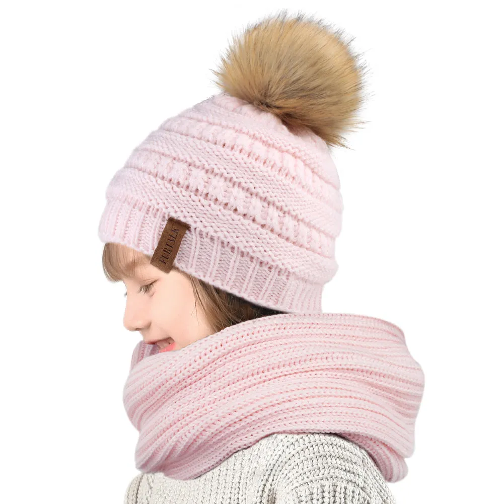 FURTALK  Kids Winter Faux Fur Pom Pom Hat Scarf Set Drop Shipping HTWL011