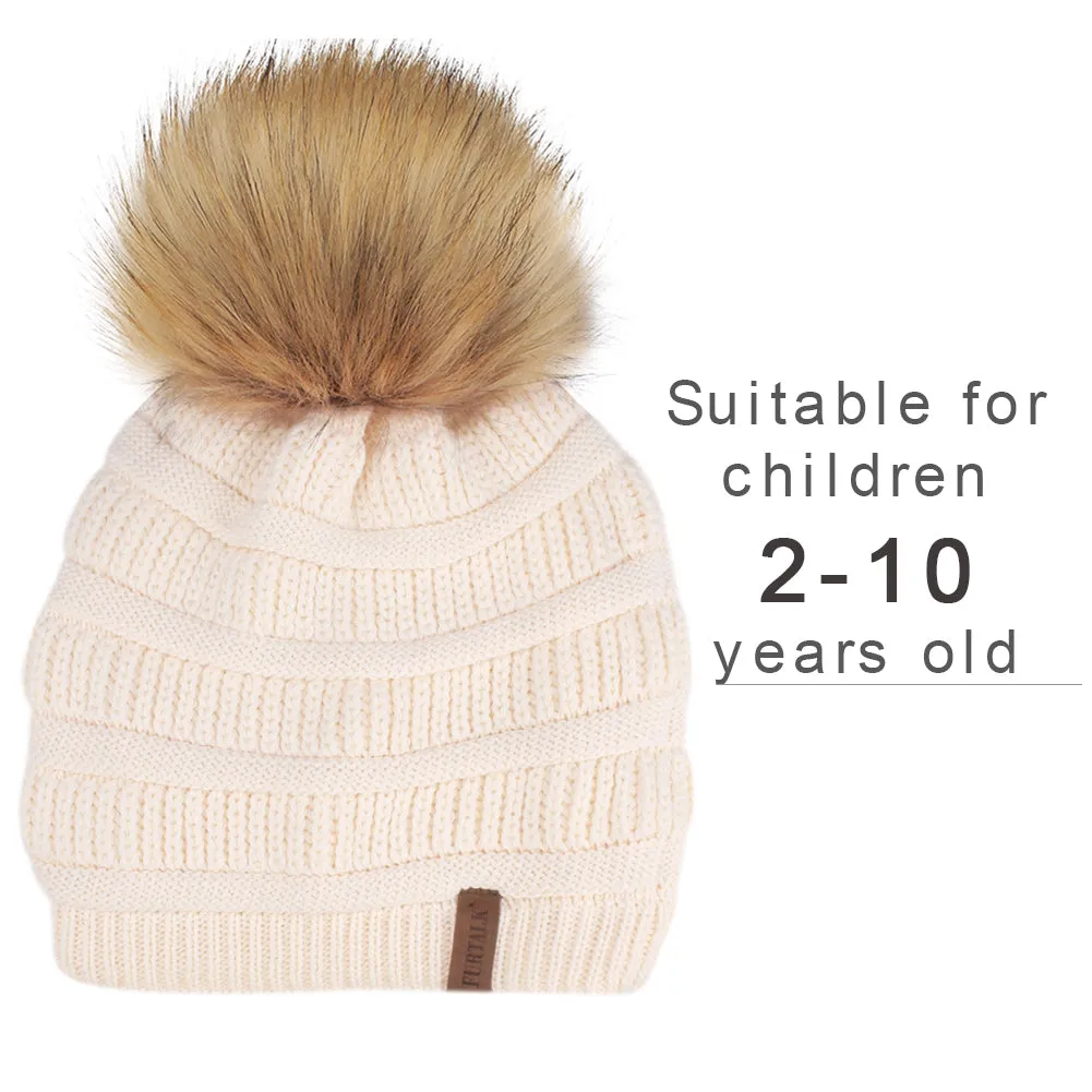 FURTALK Winter Kids Faux Fur Pom Pom Hat Double Layer Drop Shipping HTWL097