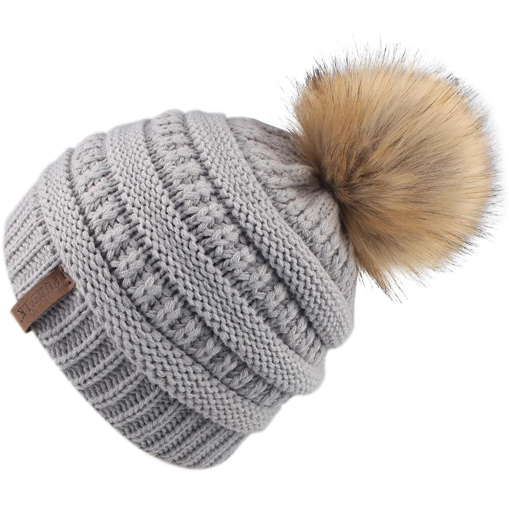 FURTALK Winter Kids Faux Fur Pom Pom Hat Double Layer Drop Shipping HTWL097