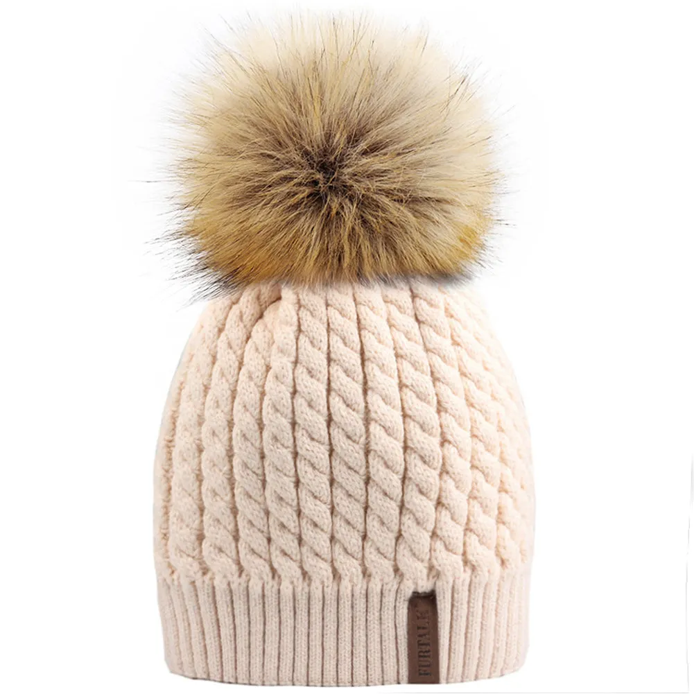 FURTALK Winter Women Faux Fur PomPom Hat Twist Drop Shipping HTWL003