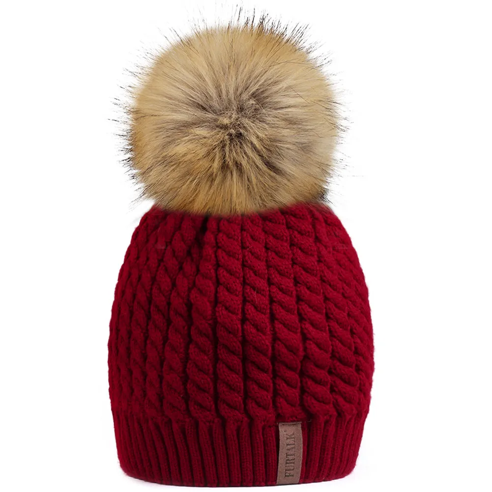 FURTALK Winter Women Faux Fur PomPom Hat Twist Drop Shipping HTWL003