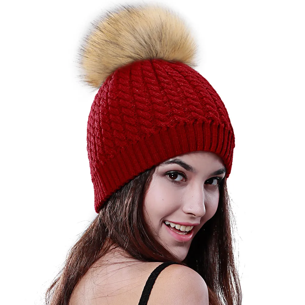 FURTALK Winter Women Faux Fur PomPom Hat Twist Drop Shipping HTWL003