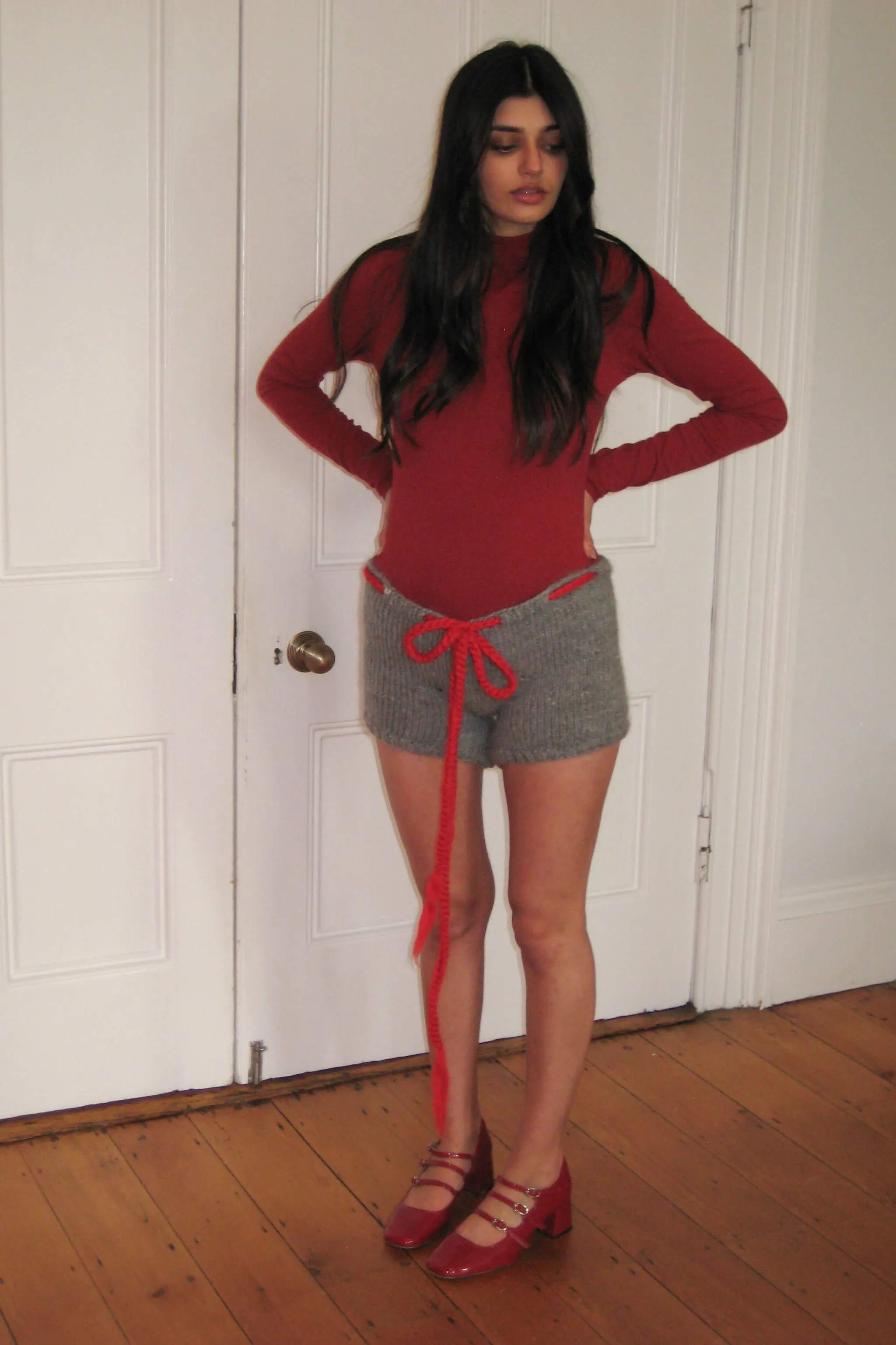 Grey and Red Bow Knit Shorts