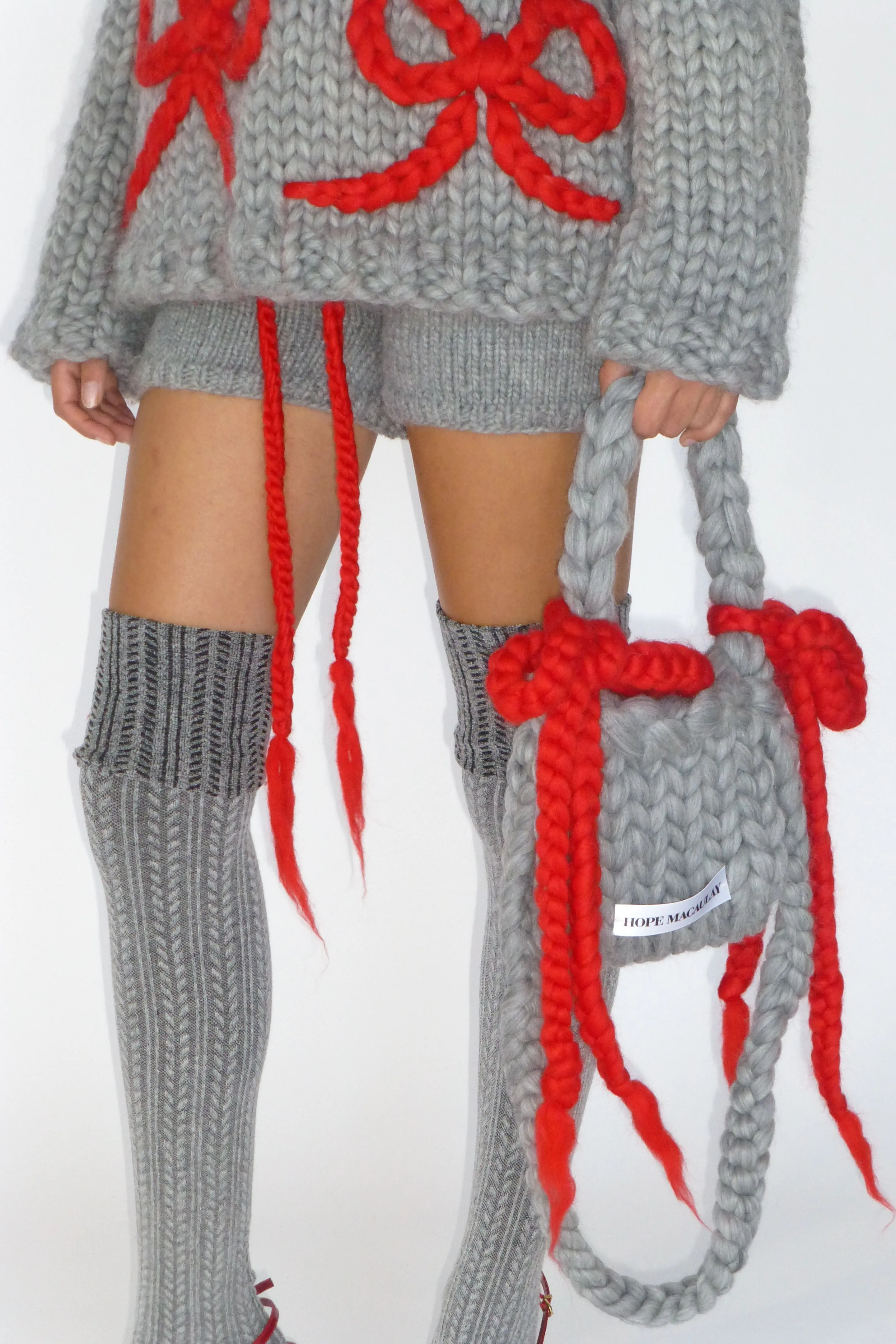 Grey and Red Bow Knit Shorts