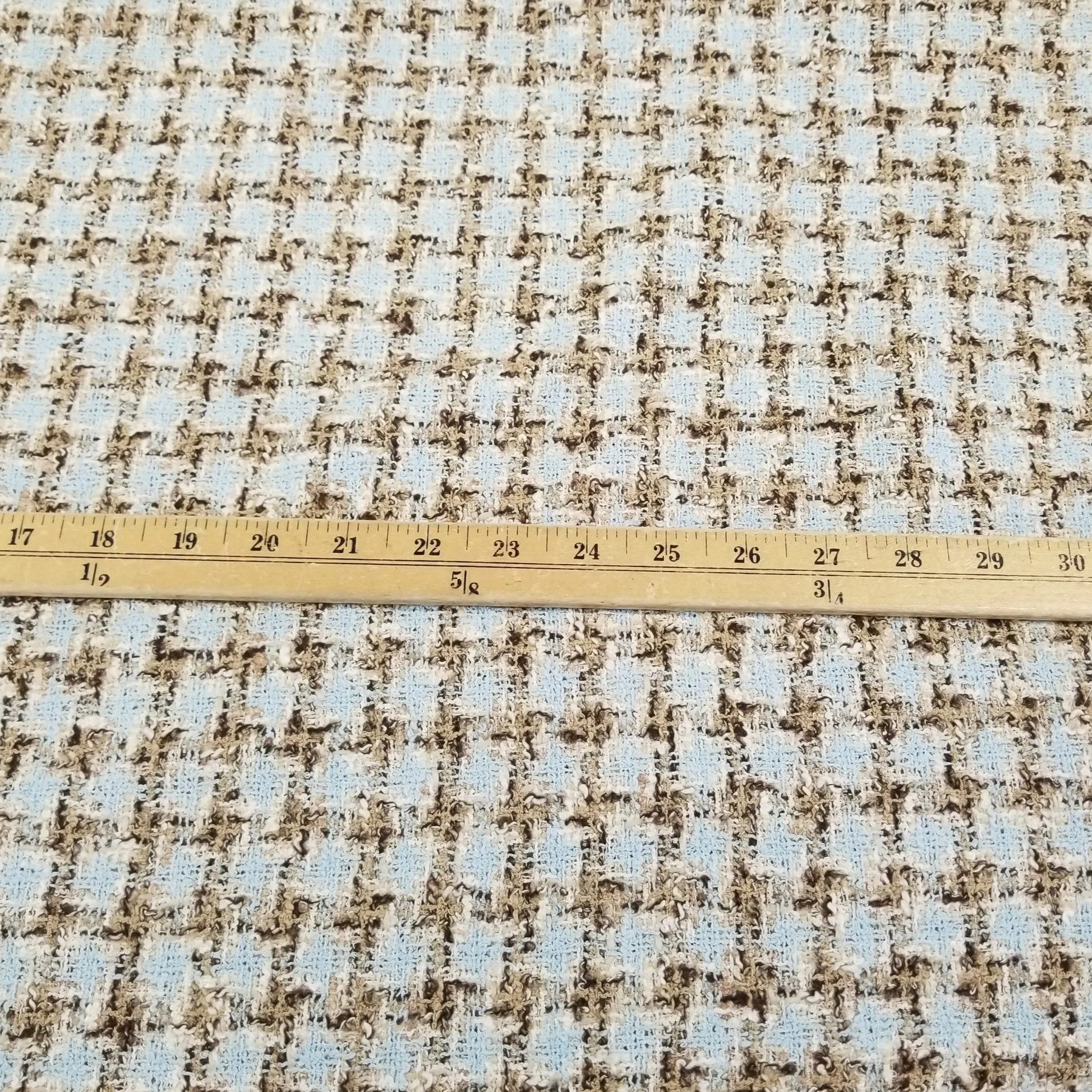 Italian Designer Deadstock Famous Maker Couture Wool Blend Baby Blue Spring Check Tweed Fabric- by the yard