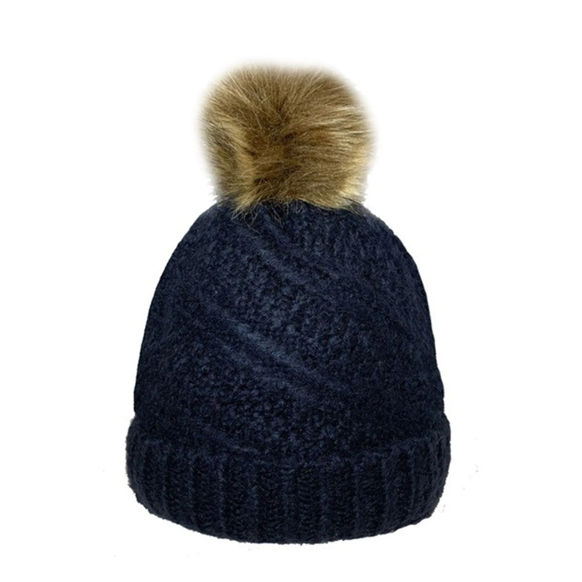 Ladies Knitted Hat With Fur Pom