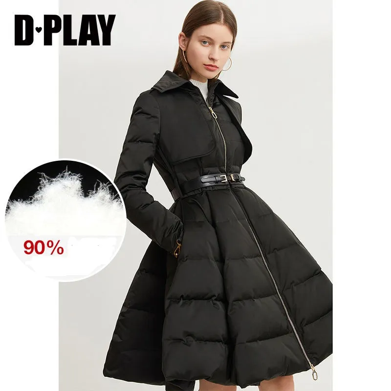 Long black Down coat winter Black waist and big swing design pleated coat -Jara