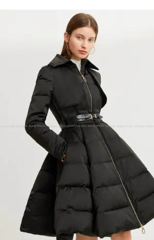 Long black Down coat winter Black waist and big swing design pleated coat -Jara