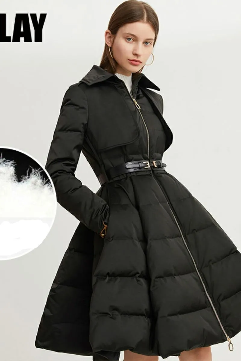 Long black Down coat winter Black waist and big swing design pleated coat -Jara