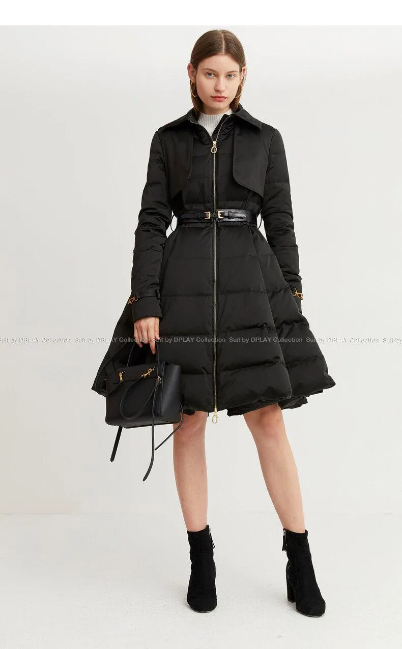 Long black Down coat winter Black waist and big swing design pleated coat -Jara