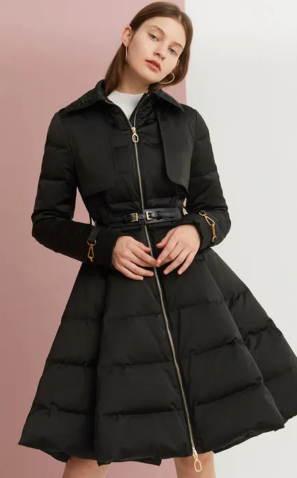 Long black Down coat winter Black waist and big swing design pleated coat -Jara