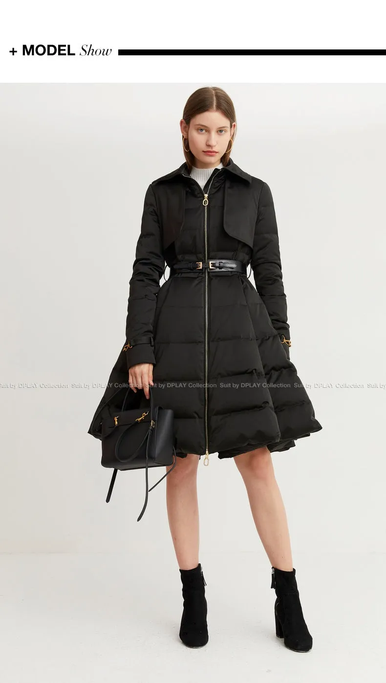 Long black Down coat winter Black waist and big swing design pleated coat -Jara