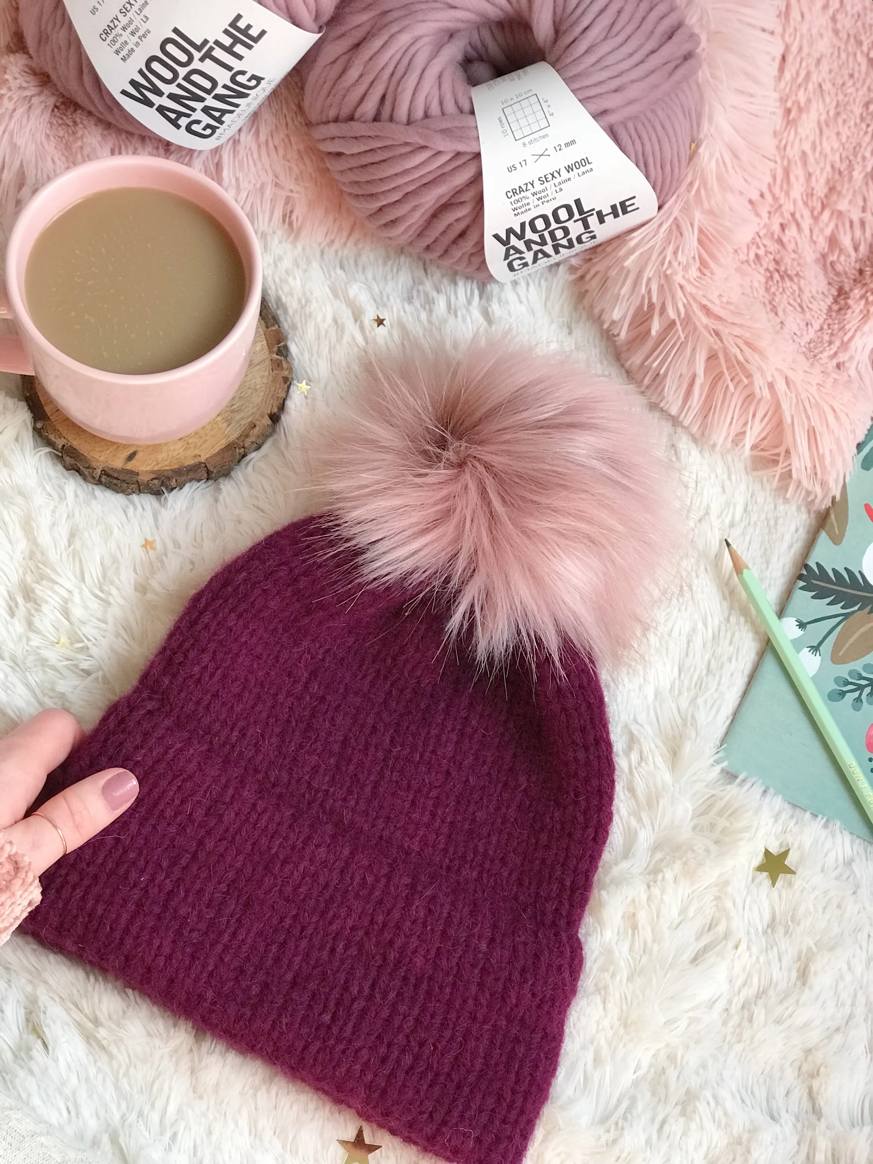 Margaux Adult Knitted Double Brim Beanie with Pink Moscato Faux Fur Pom Pom