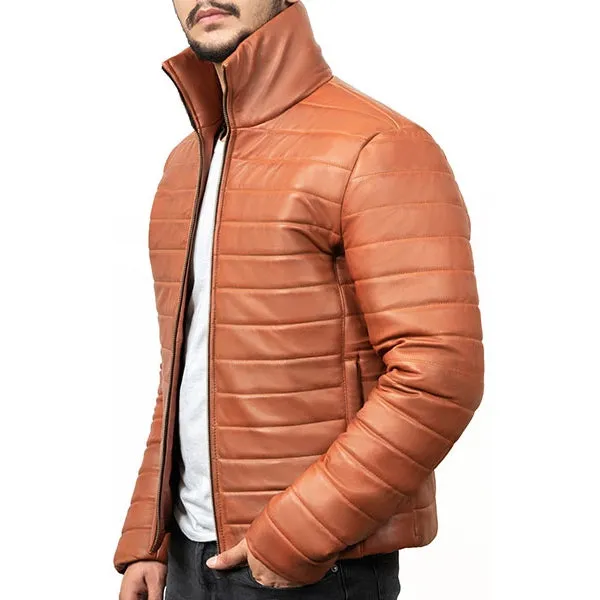 Mens Brown Leather Puffer Jacket