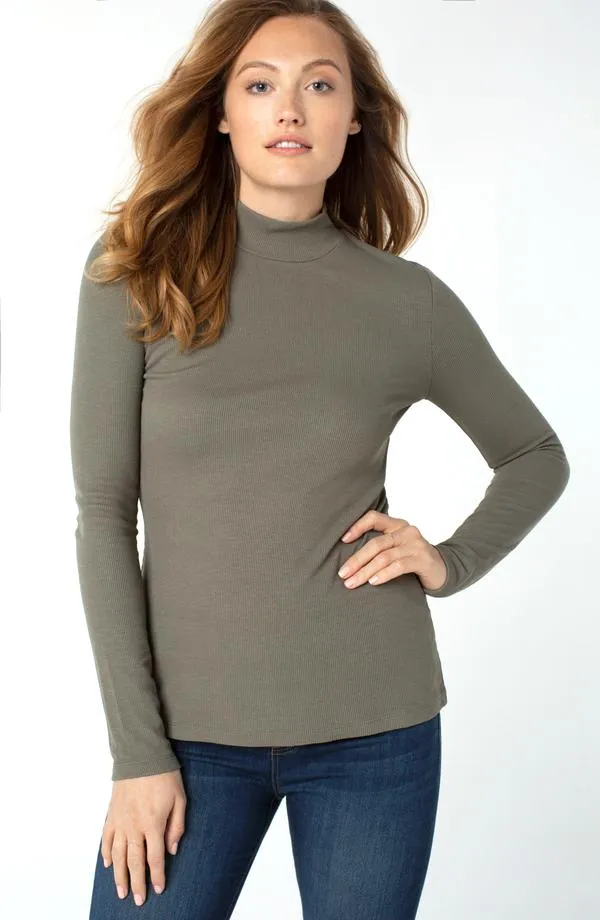 Mock Neck Long Sleeve Knit Top - Dusty Olive