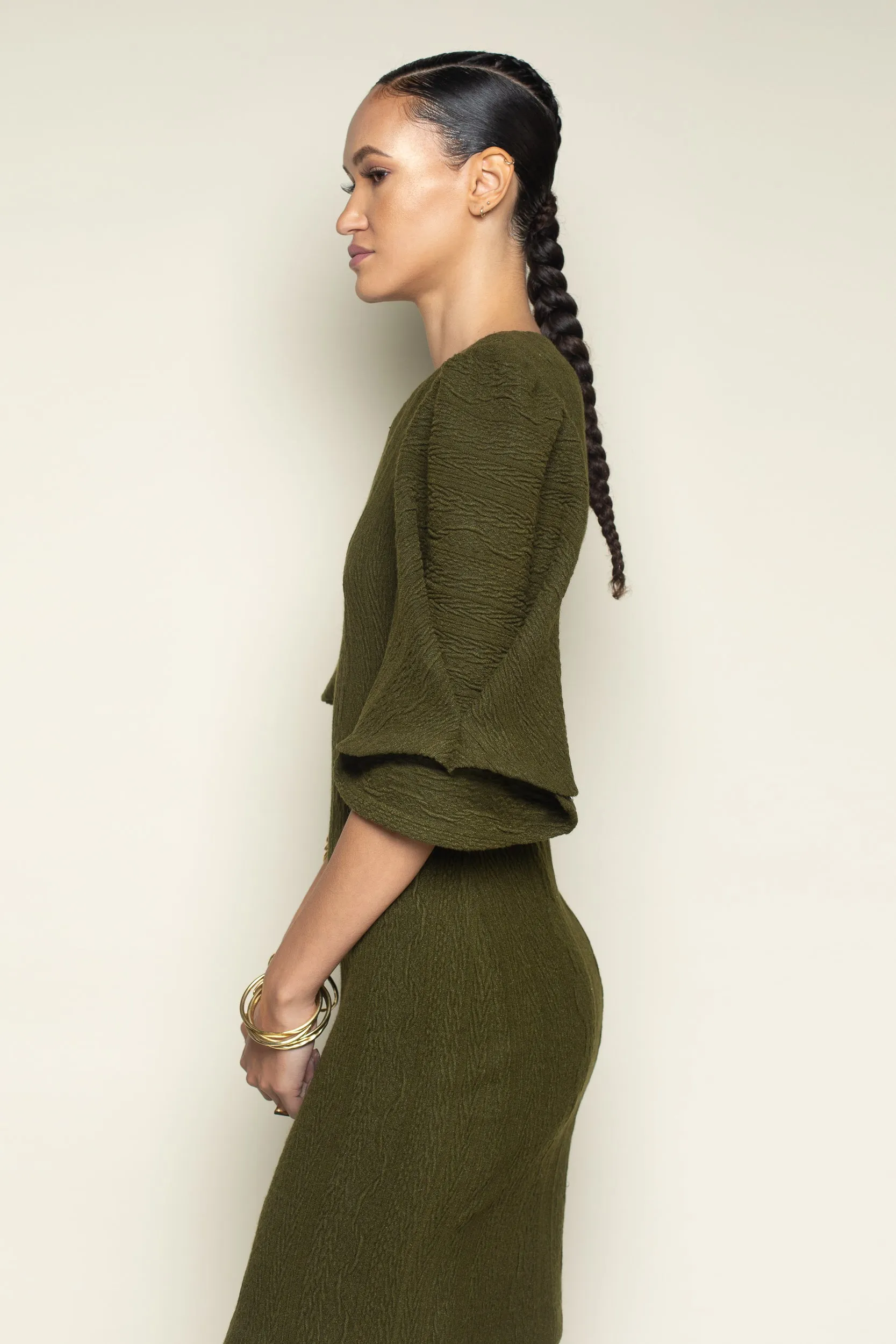 Olive Cable Knit Pleated Fan Sleeve Dress