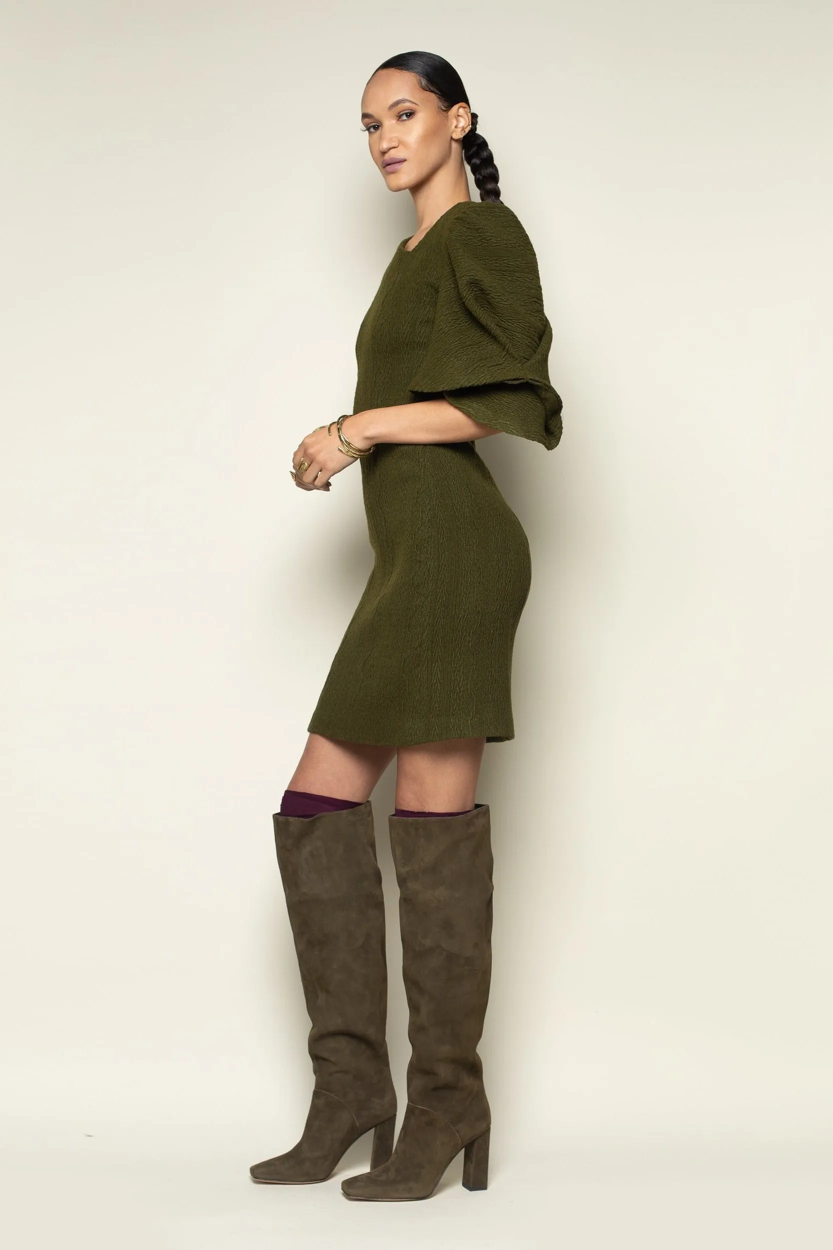 Olive Cable Knit Pleated Fan Sleeve Dress