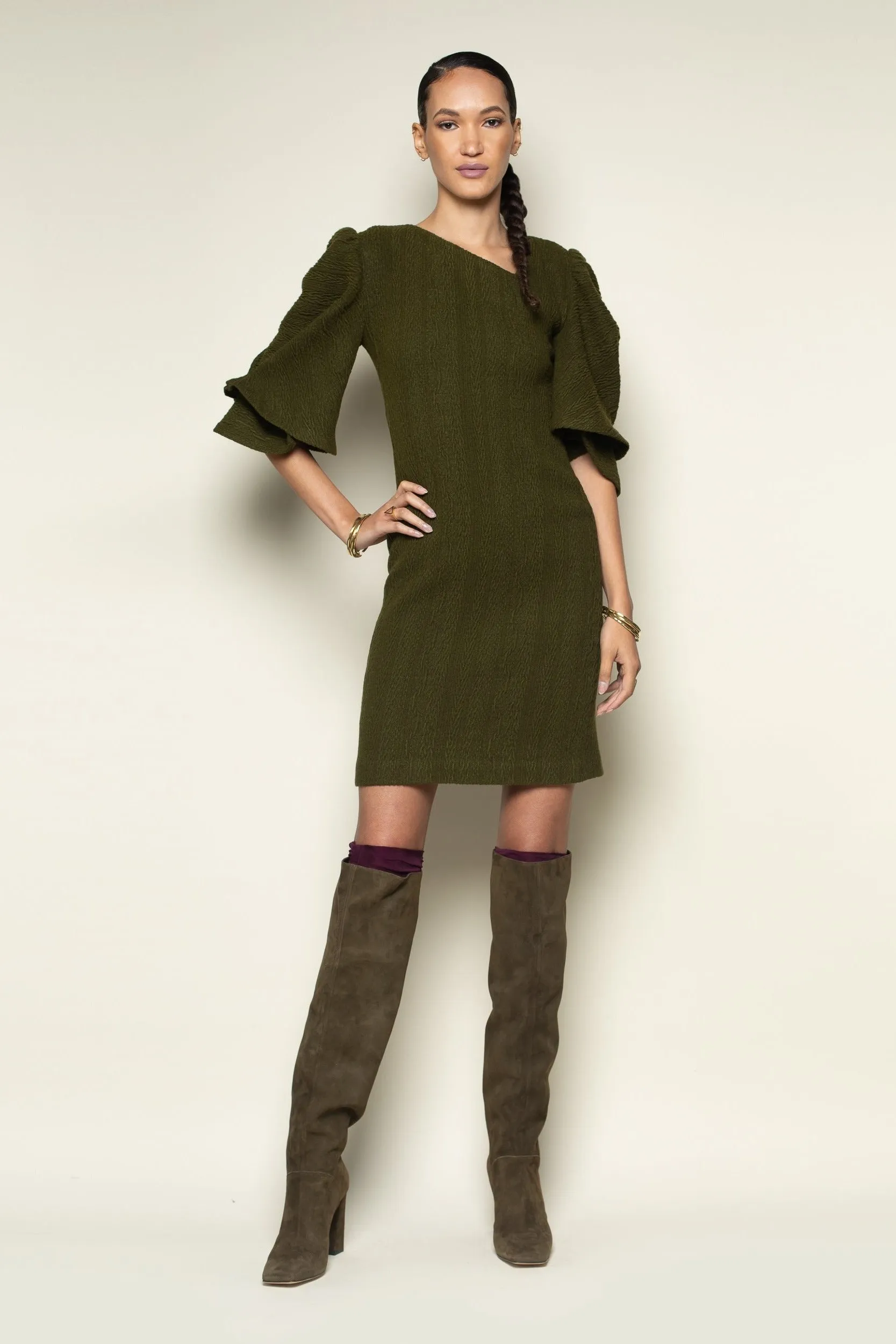 Olive Cable Knit Pleated Fan Sleeve Dress