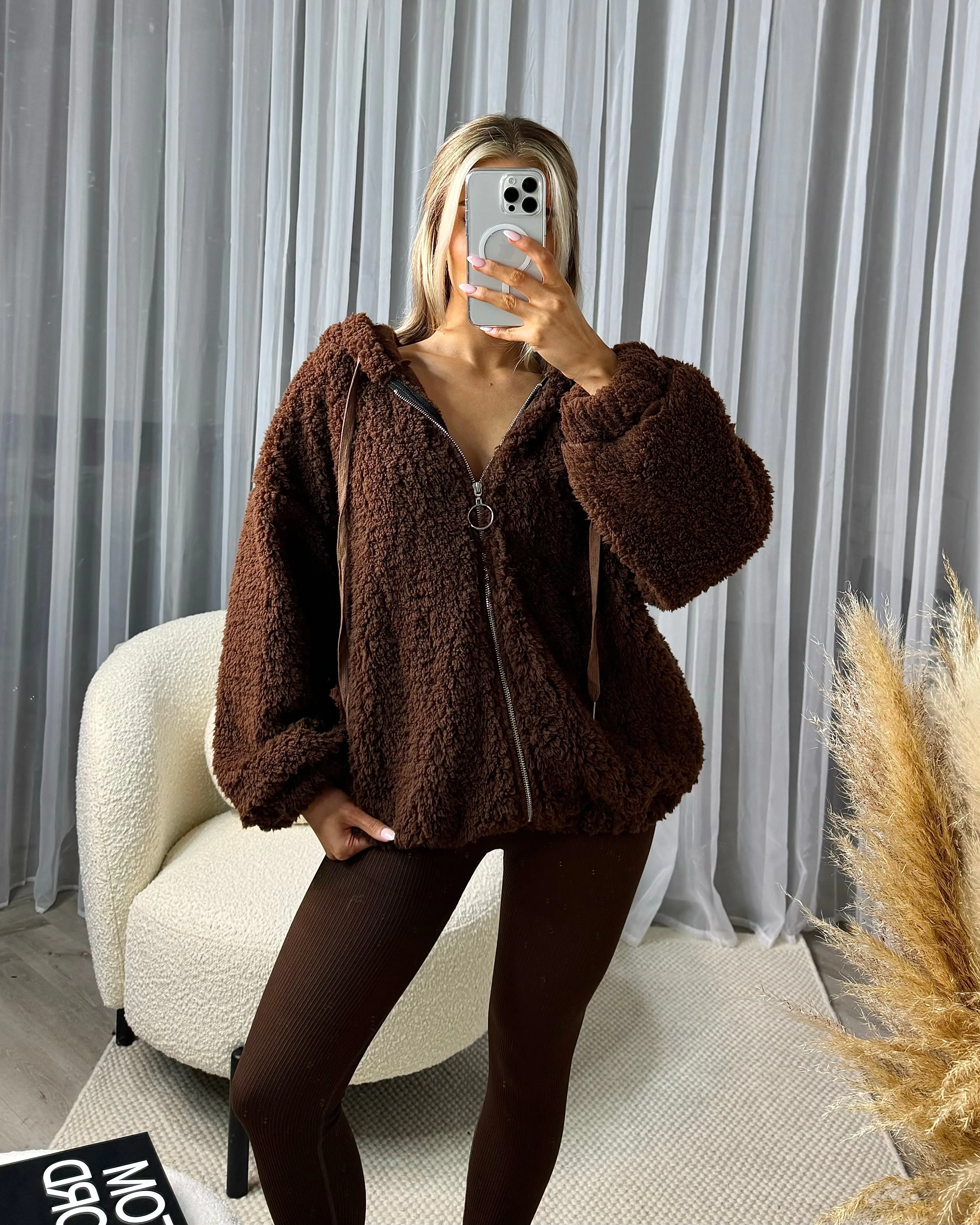 Olivia Teddy Style Zip Front Hooded Jacket - Chocolate