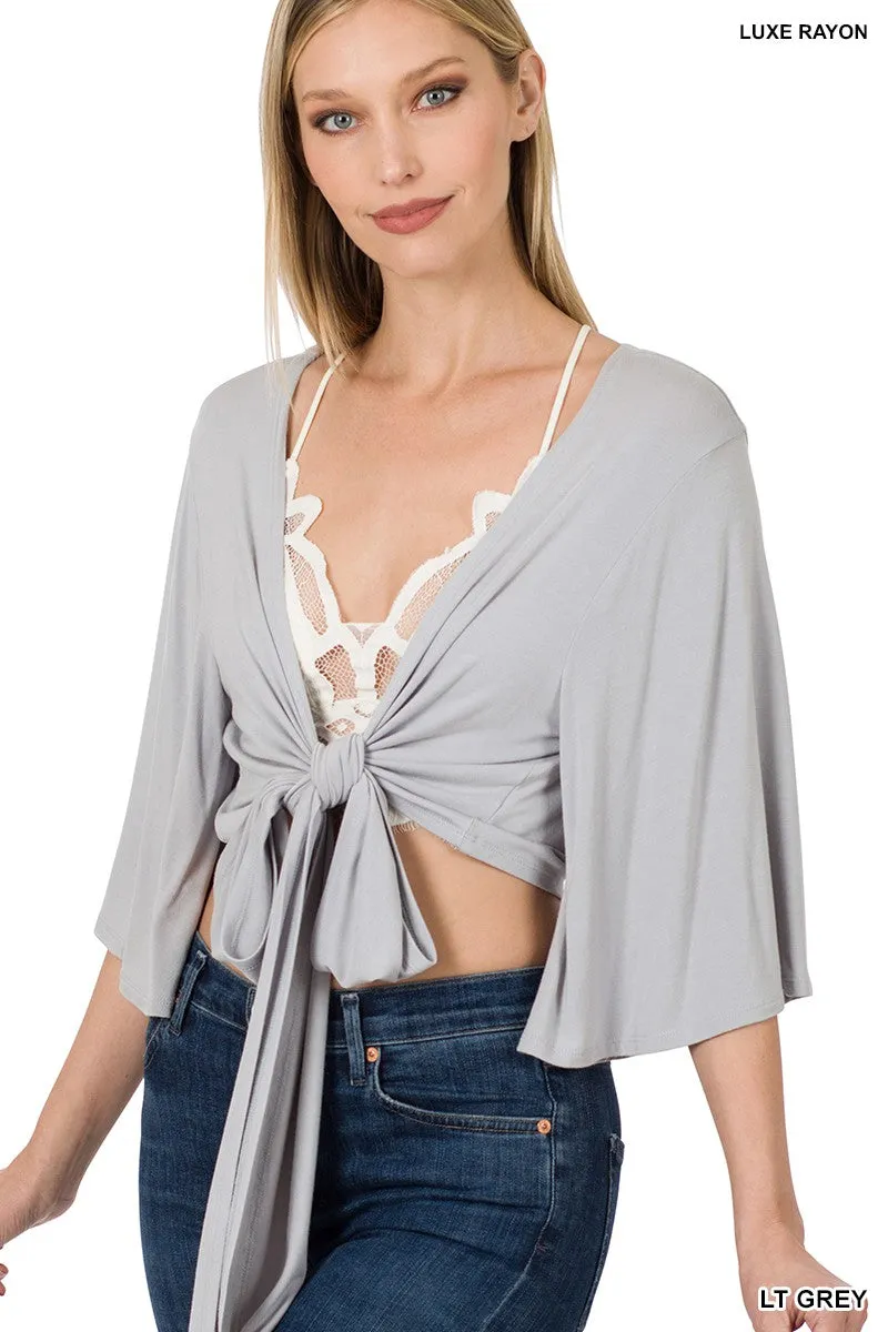 #P827 Luxe Rayon Tie Front Cropped Cardigan - Outfit Womenswear