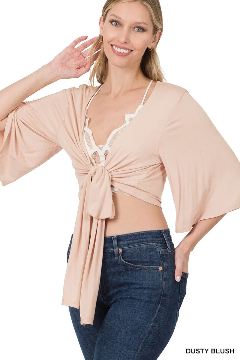 #P827 Luxe Rayon Tie Front Cropped Cardigan - Outfit Womenswear