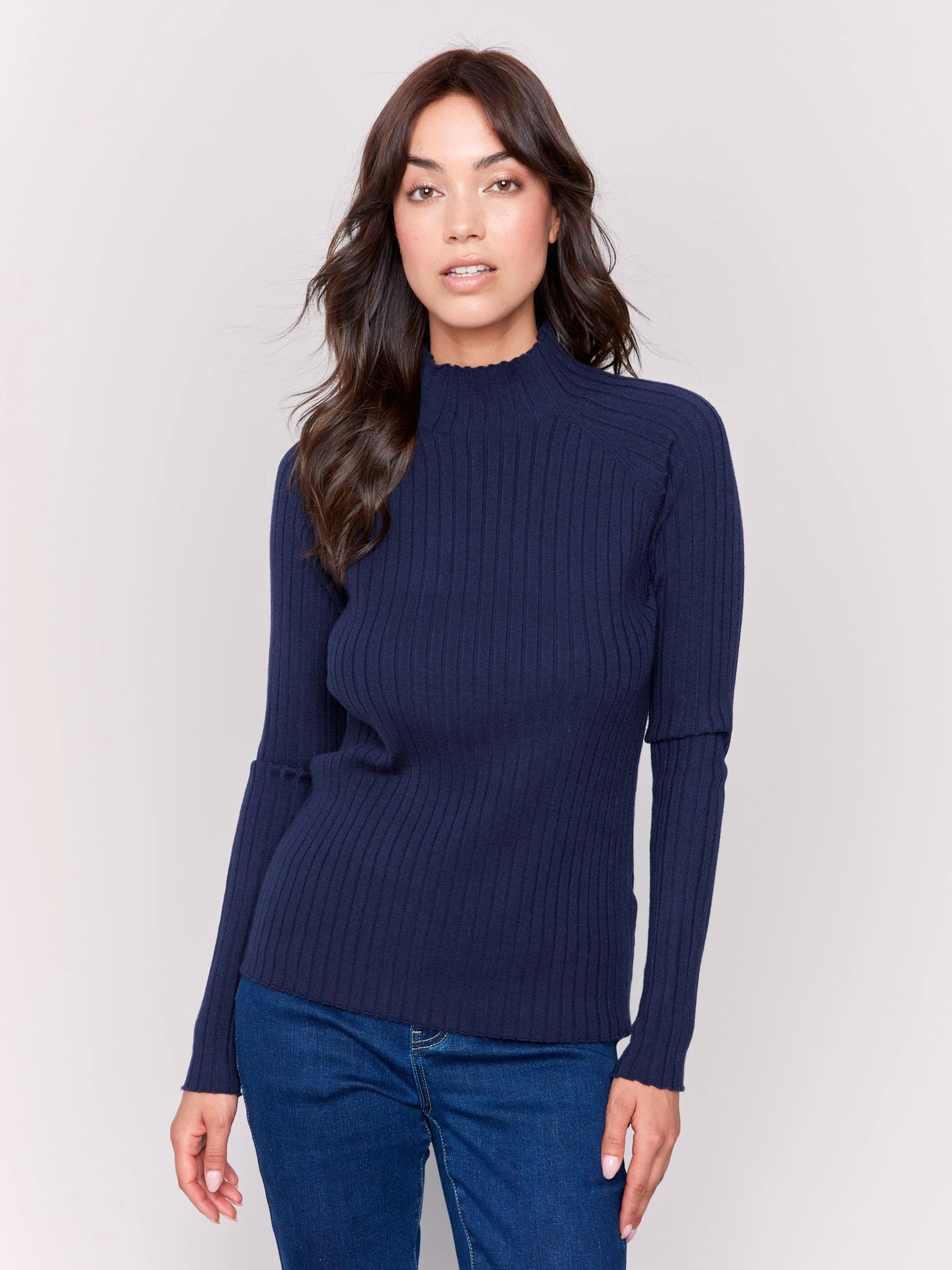 Ribbed Knit Mock Neck Sweater - Navy