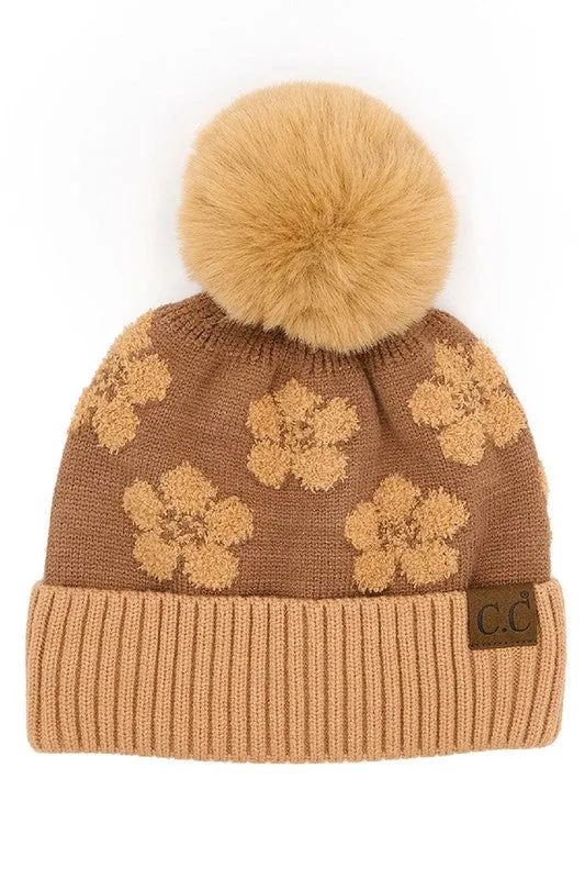 Sand CC Chenille Daisy Pattern Beanie