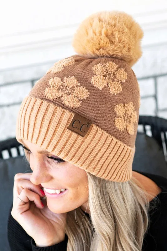 Sand CC Chenille Daisy Pattern Beanie