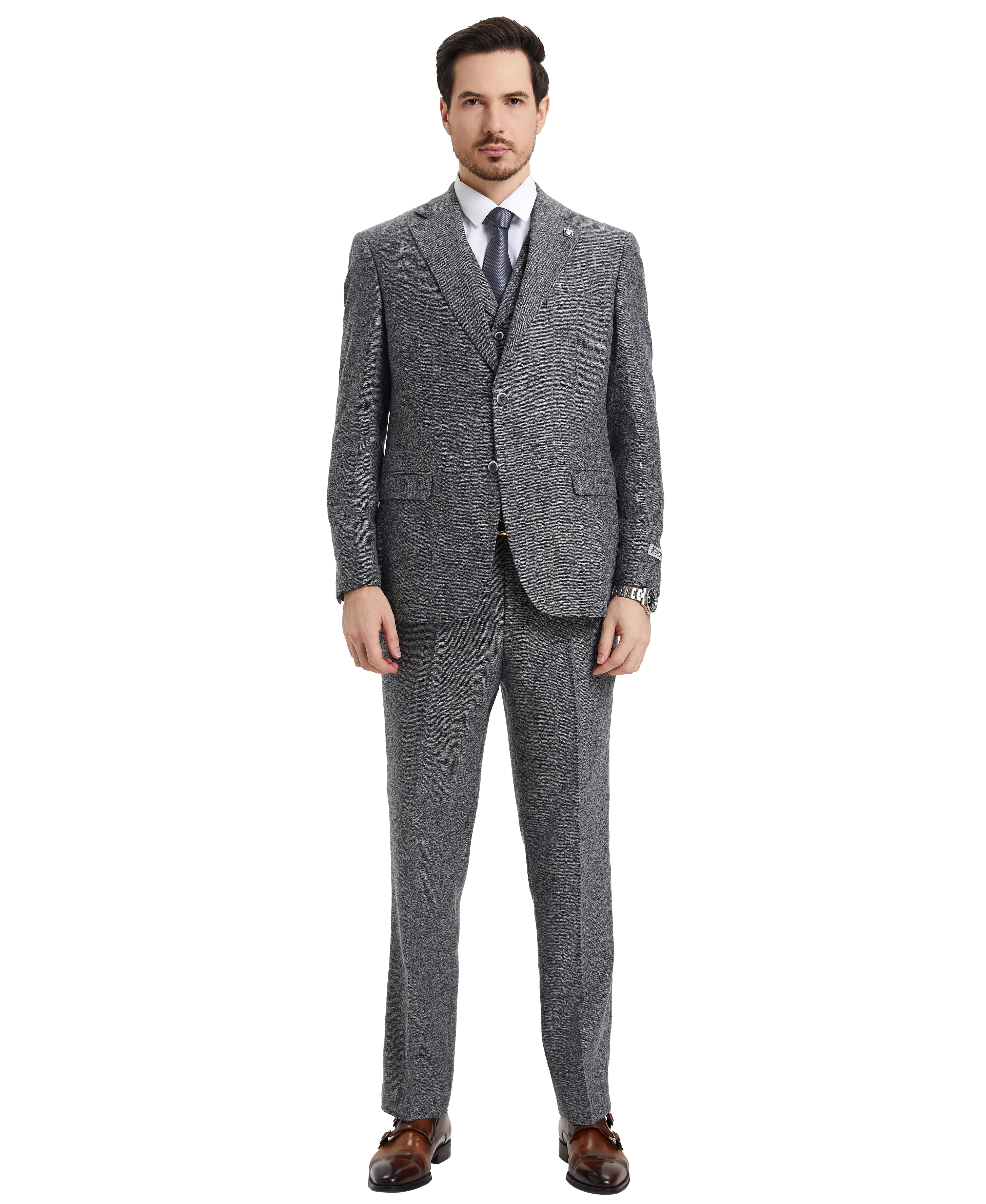 Stacy Adams Hybrid-Fit Vested Suit, Grey Tweed