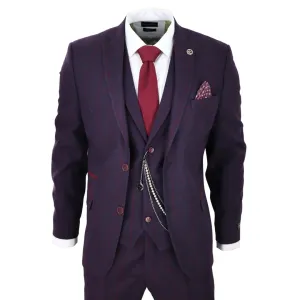 STZ70 - Men's 3 Piece Suit Wool Tweed Plum Wine Check 1920s Gatsby Formal Dress Suits