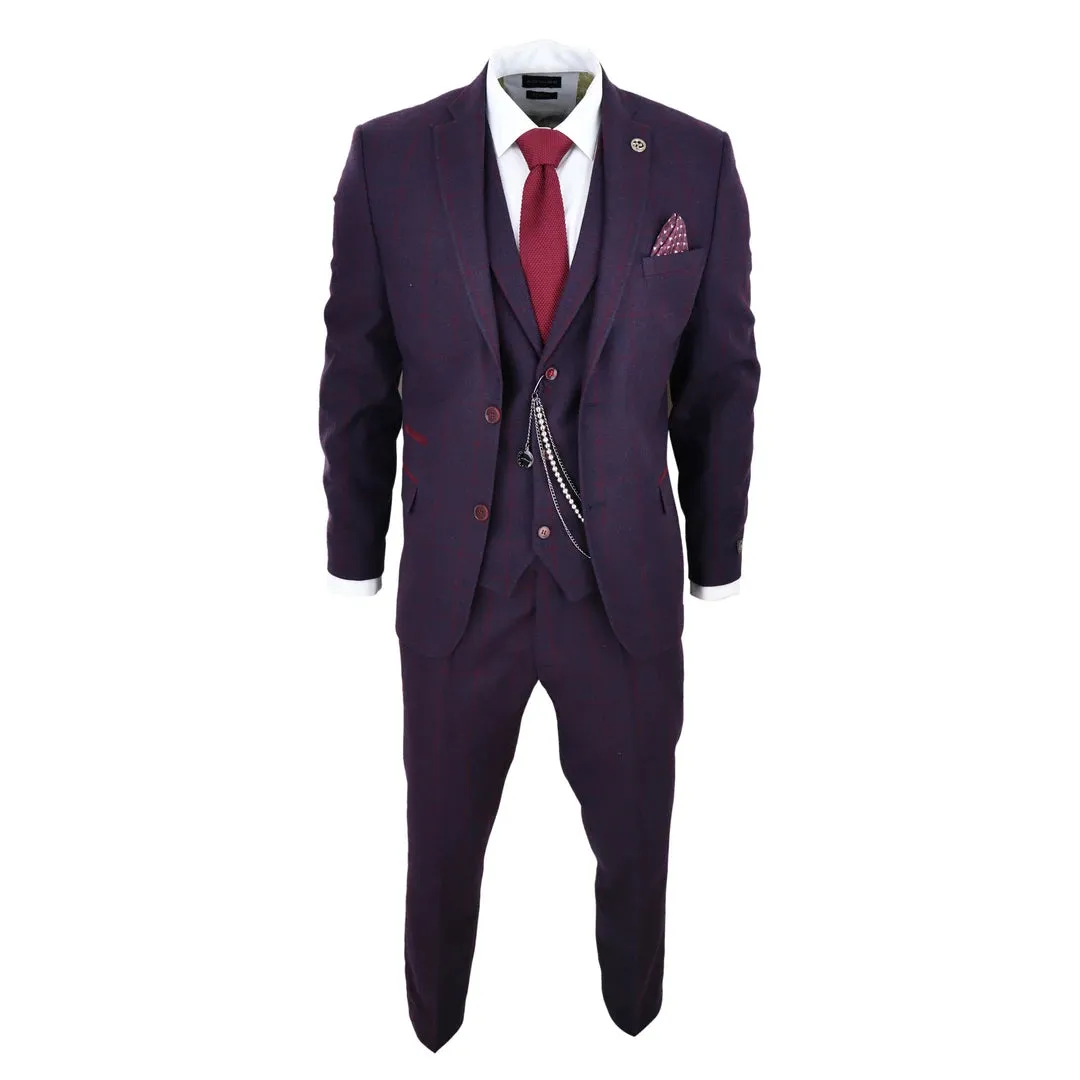 STZ70 - Men's 3 Piece Suit Wool Tweed Plum Wine Check 1920s Gatsby Formal Dress Suits