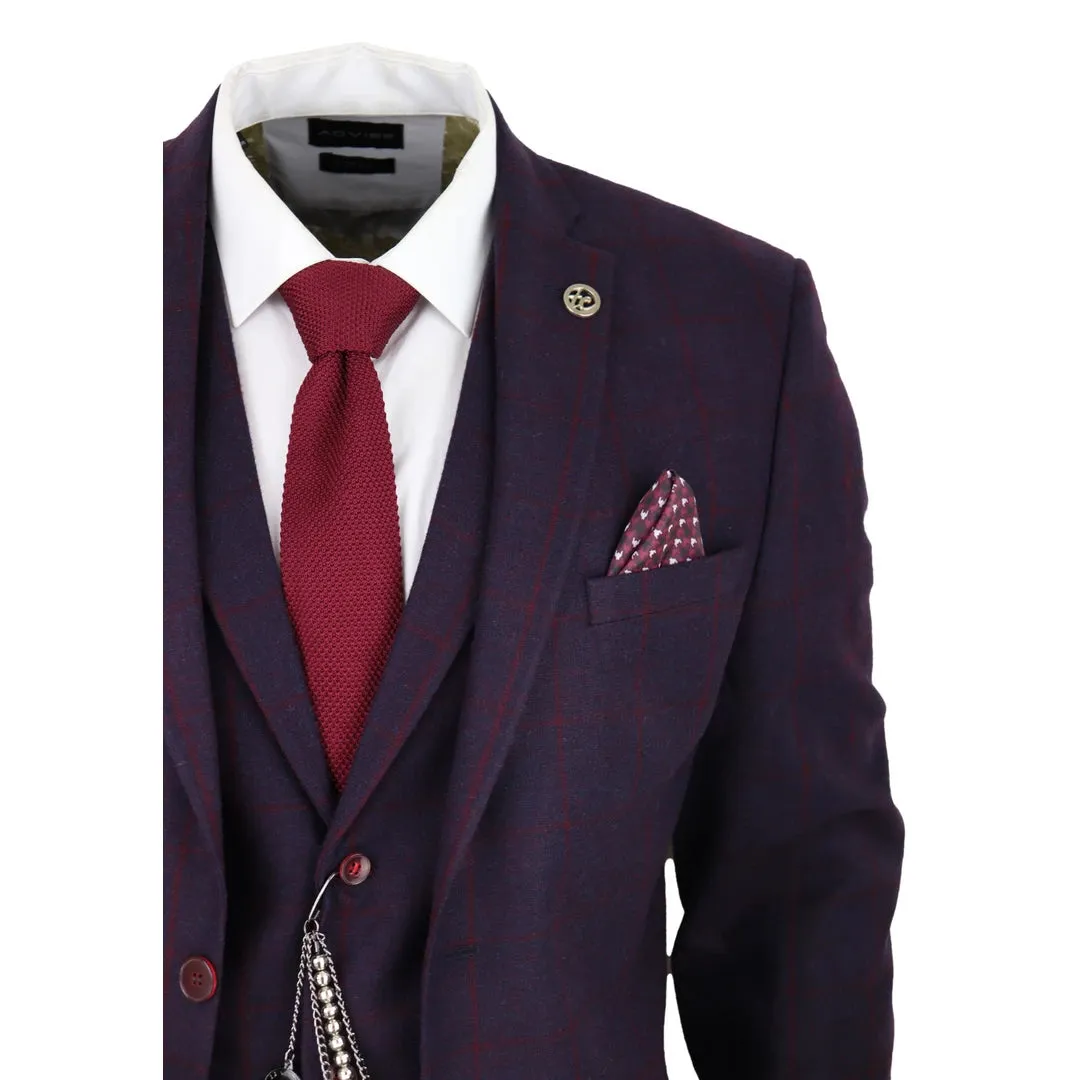 STZ70 - Men's 3 Piece Suit Wool Tweed Plum Wine Check 1920s Gatsby Formal Dress Suits