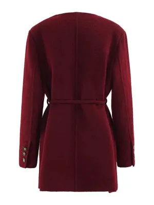 Wenkouban-Winter outfits Christmas Wine Red V-Neck Double Breasted Wool Blend Coat with Belt