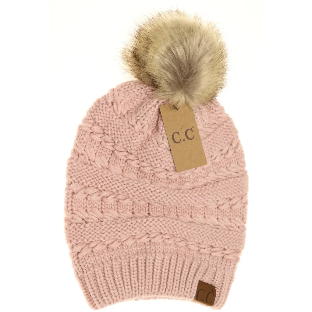 Whipstitch Knit Faux Fur Pom Beanie - Rose